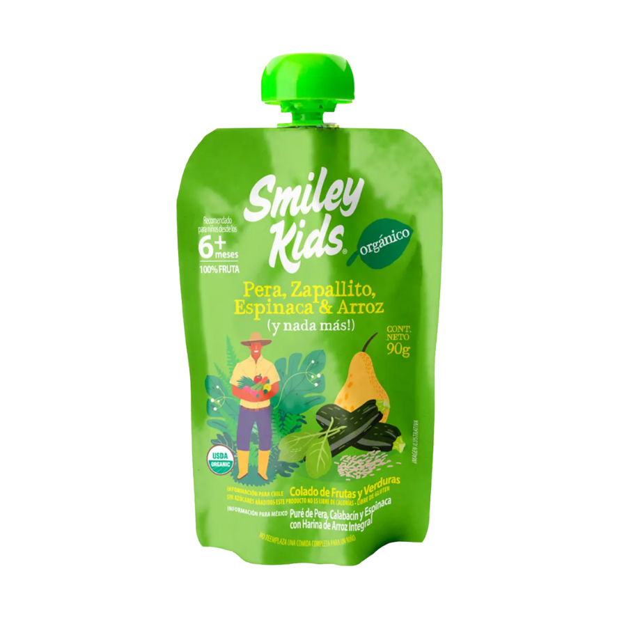 SMILEY KIDS Compota Orgánica Pera Zapallito Espinaca Arroz 90 grs